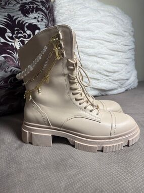 Beige Lace-Up Platform Combat Boots with Pearl & Gold Chain Detail